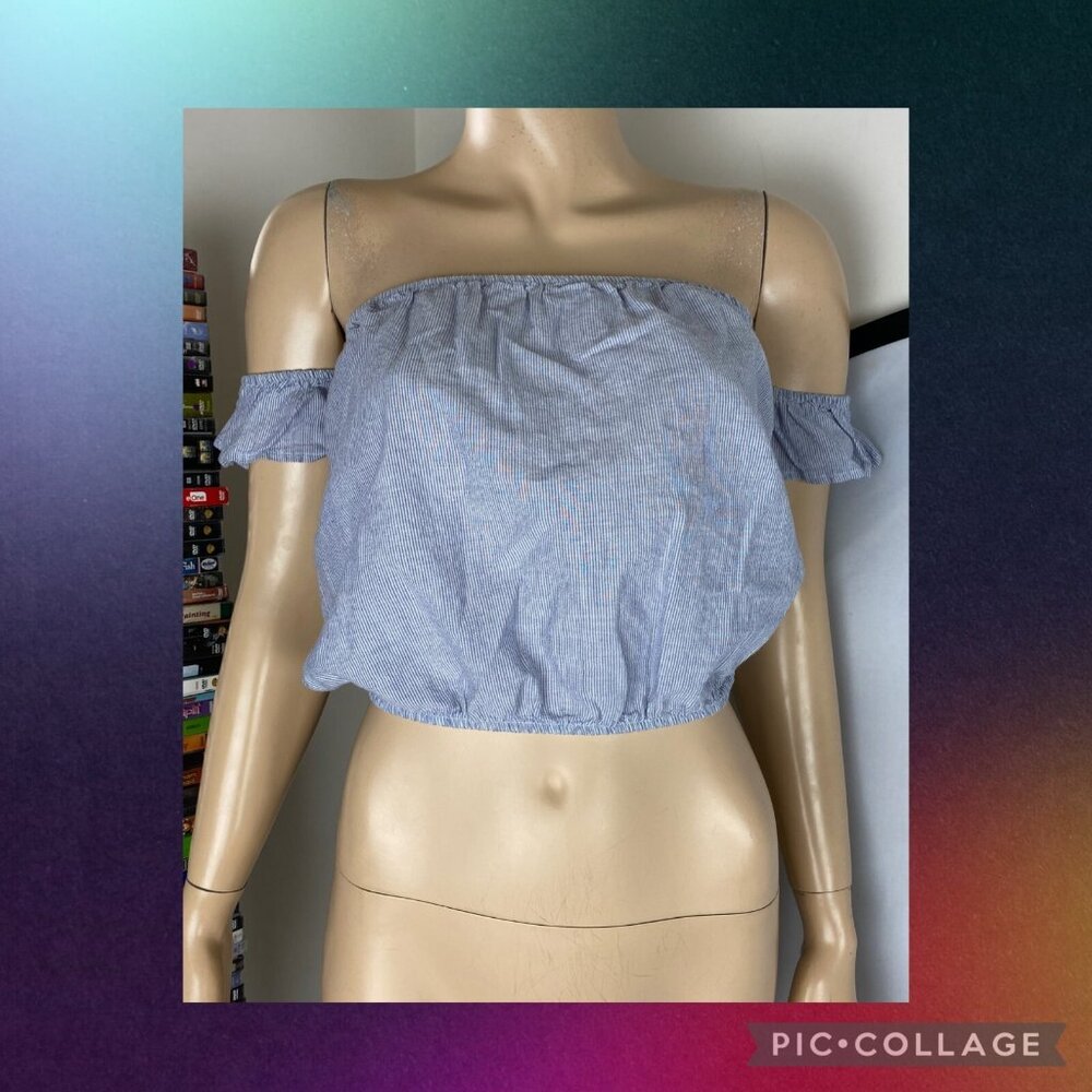 Brandy Melville Off The Shoulder Crop Top One Size Blue White Striped Beach Boho - Picture 12 of 16